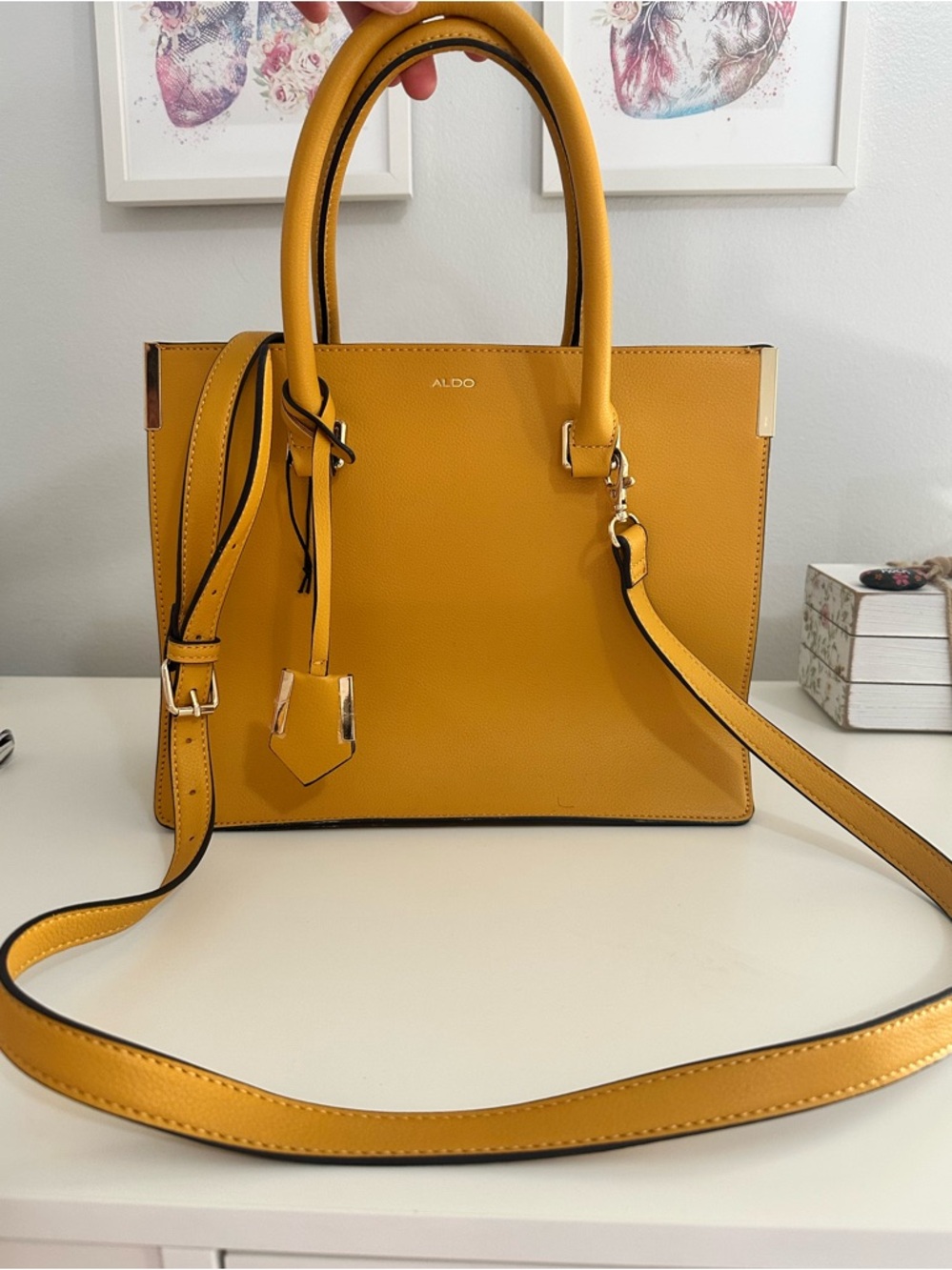 ALDO Mustard Yellow Structured Satchel with Detachable Strap